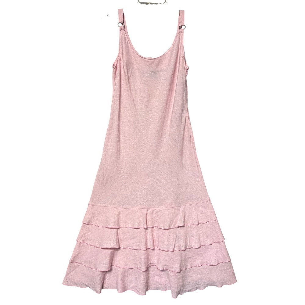 Steilmann Pink 100% Linen Tiered Ruffle Hem Midi Dress Womens Size 12 Scoop Neck